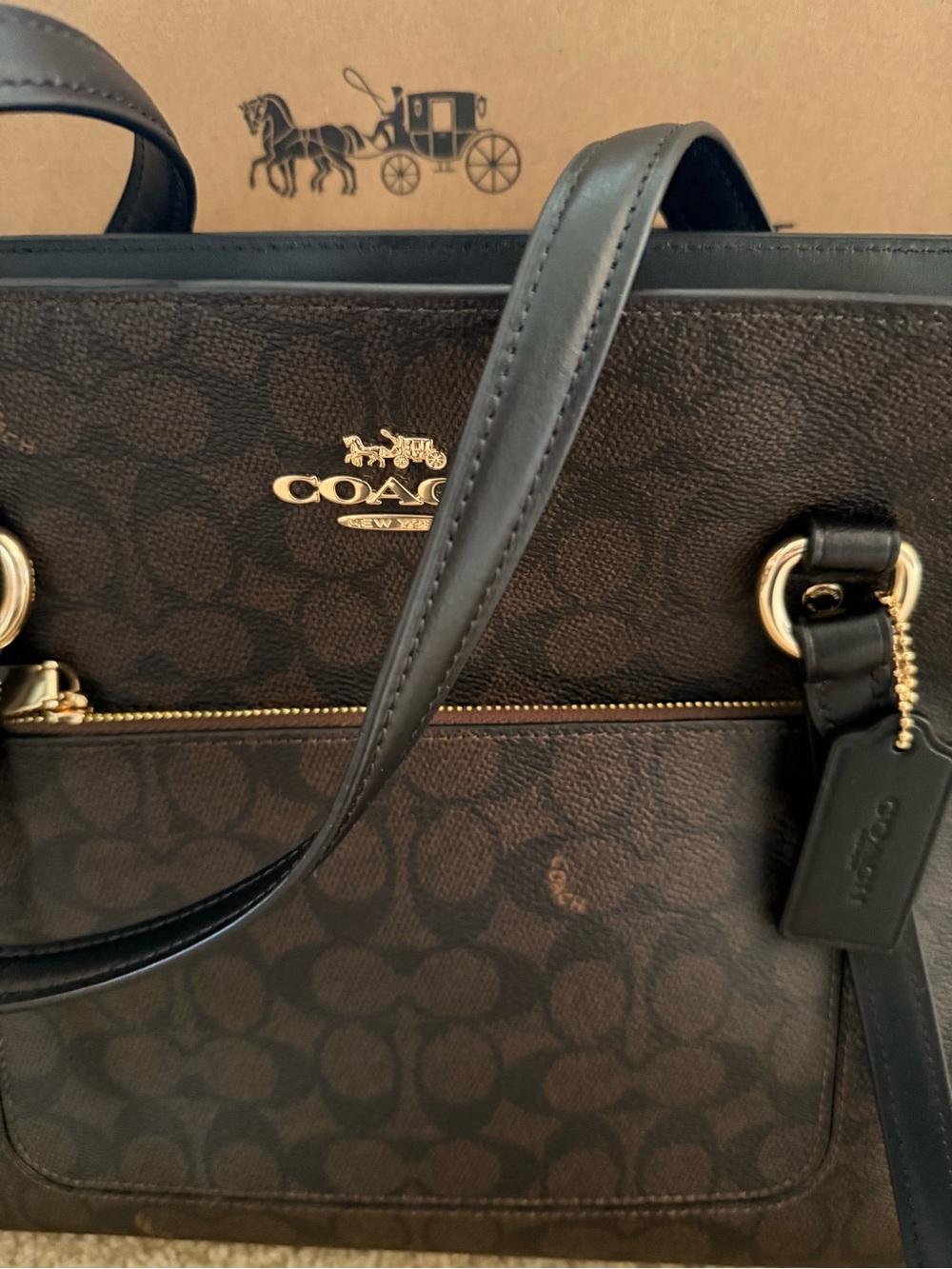 Coach Dark Brown Signature Canvas Tote with Black Leather Trim - Picture 2 of 8
